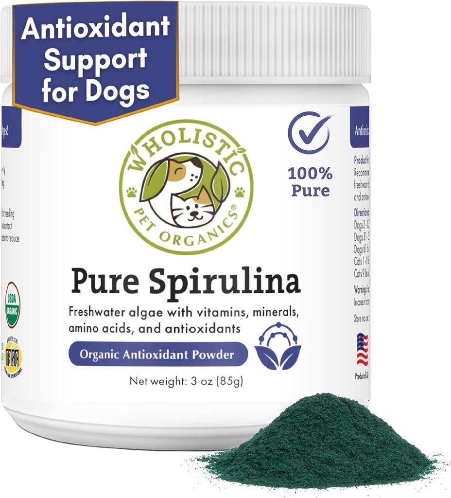 Wholistic Organics Pet Spirulina for Dogs - 3 Oz - Υποστηρίζει Υγιεινό Ανοσολογικό Σύστημα & Εποχική Αλλεργία - Plant Based Antioxidant Support for Homemade Food - Organic Dog Food Topper - Φρέσκο Κατασκευασμένο στις ΗΠΑ