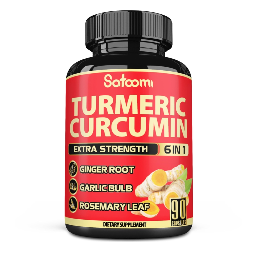 Satoomi 6in1 Turmeric Curcumin Supplement - 3 Μήνες Προμήθεια - 95% Κουρκουμινοειδή με Ρίζα Ginger, Σκόρδο, Δενδρολίβανο & Μαύρο Πιπέρι - 90 Κάψουλες