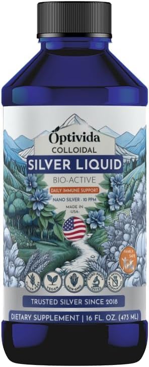 Optivida Health Colloidal Silver Liquid (16 Oz) – Premium Nano Silver Colloidal Supplement for Daily Wellness & Immune Support, Natural Liquid Silver Hydrosol for Adults & Kids, Non-GMO, Gluten-free