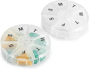 Weekly Pill Organizer - (Pack of 2) 7 Day Pills Container, Round Medicine Organizer Box, Daily Week Pill Reminder Case Travel Friendly, BPA-Free Vitamin, Supplement, Fish Oil, Medication Planner