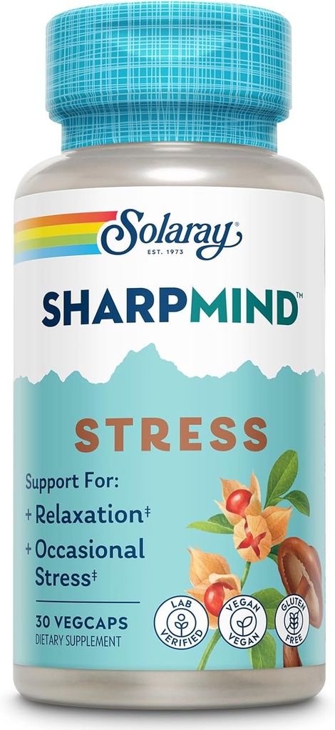 SOLARAY SharpMind άγχος, Nootropic Mood συμπλήρωμα υποστήριξης για χαλάρωση και περιστασιακή υποστήριξη ανακούφισης στρες, Adaptogen με Ashwagandha, L Theanine, 60 ημέρα εγγύηση χρημάτων, 30 Serv 30 VegCaps