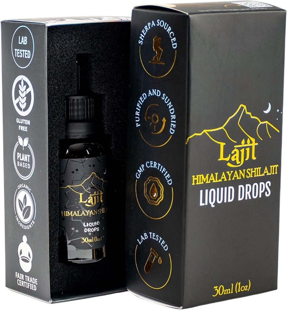 Lajit Gold Grade Himalayan Shilajit Liquid Drops – Organic, Sun-Dried – Bioavailable Nutrients - Fulvic Acid, 85+ Trace Minerals – Lab Tested for Men & Women – Natural Energy, Immunity, Strength– 30ml