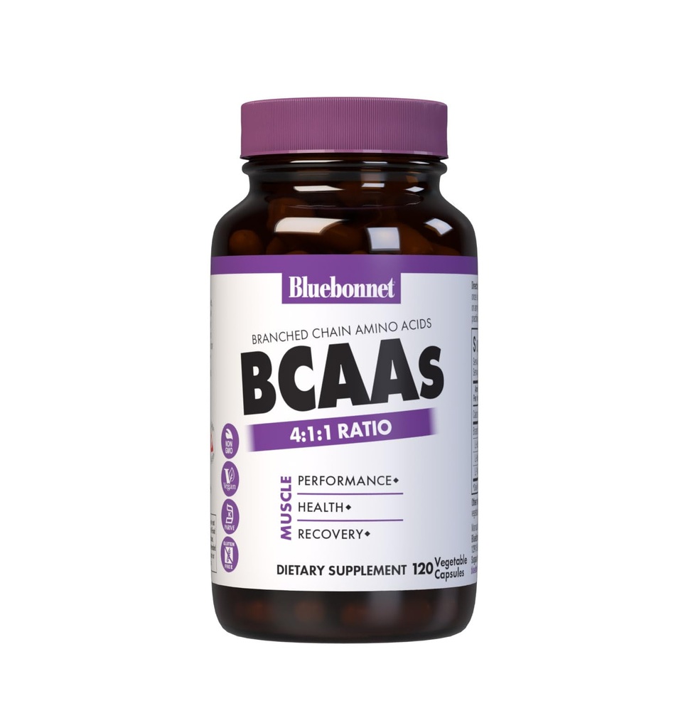 Bluebonnet Διατροφή BCAAs 4:1:1 Λόγος, μυϊκή απόδοση*, μυϊκή υγεία*, μυϊκή επισκευή*, μη ΓΤΟ, Vegan, Kosher Πιστοποιημένο, χωρίς γλουτένη, χωρίς σόγια, χωρίς γαλακτοκομικά, 120 κάψουλες λαχανικών, 30 εξυπηρετούν