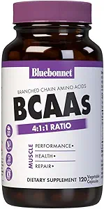 Bluebonnet Nutrition BCAAs 4:1:1 Ratio, Muscle Performance*, Muscle Health*, Muscle Repair*, Non-GMO, Vegan, Kosher Certified, Gluten-Free, Soy-Free, Dairy-Free, 120 Vegetable Capsules, 30 Servings