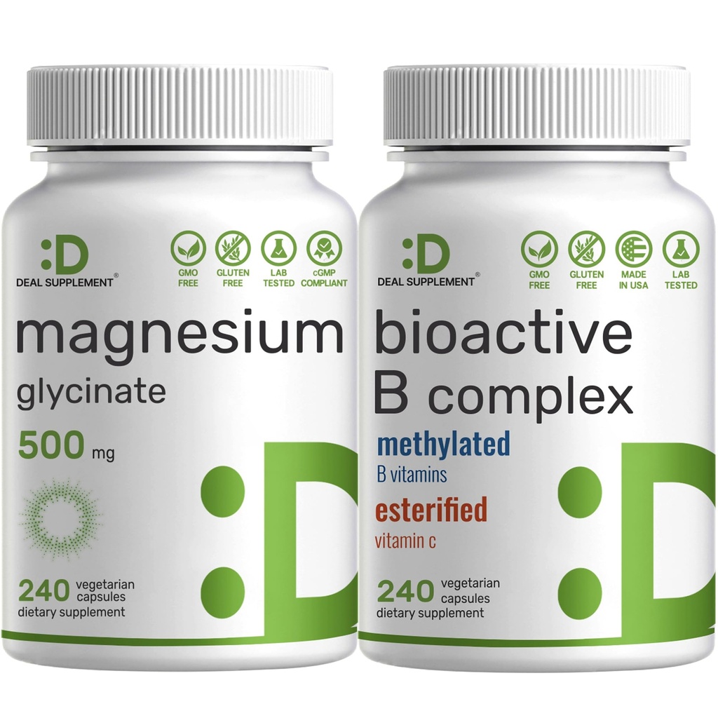 Μαγνήσιο Γλυκινικό 500mg Κάψουλες Veggie & Bioactive Vitamin B Complex B Συσκευασία δεμάτων – Εύκολα απορροφημένο Χηματοποιημένο Ορυκτό – Ανοσοποιητικό, Ενέργεια, & Μεταβολισμός Συμπλήρωμα