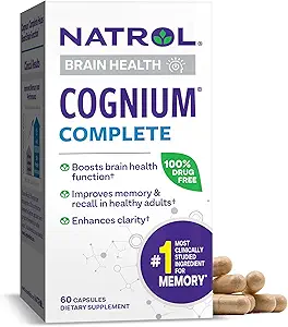 Natrol Cognium Complete, Dietary Supplement for Brain Health, Brain Health Supplements for Adults, 60 Capsules, 30 Day Supply