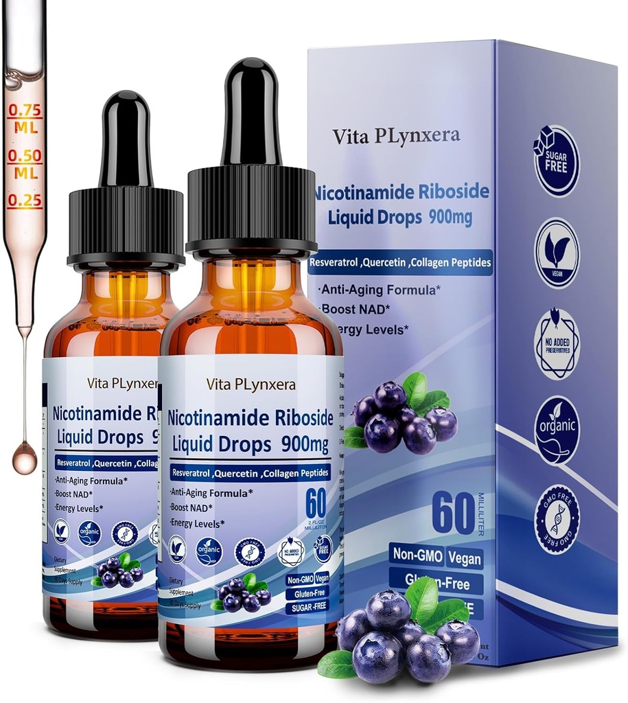 2 Pack NAD Supplements for Women & Men, NAD Nicotinamide Riboside Resveratrol 900mg & Quercetin, Niacin, Collagen, Biotin, Liquid NAD Plus Supplement NR900 For Anti-Aging Skin Energy Longevity Focus