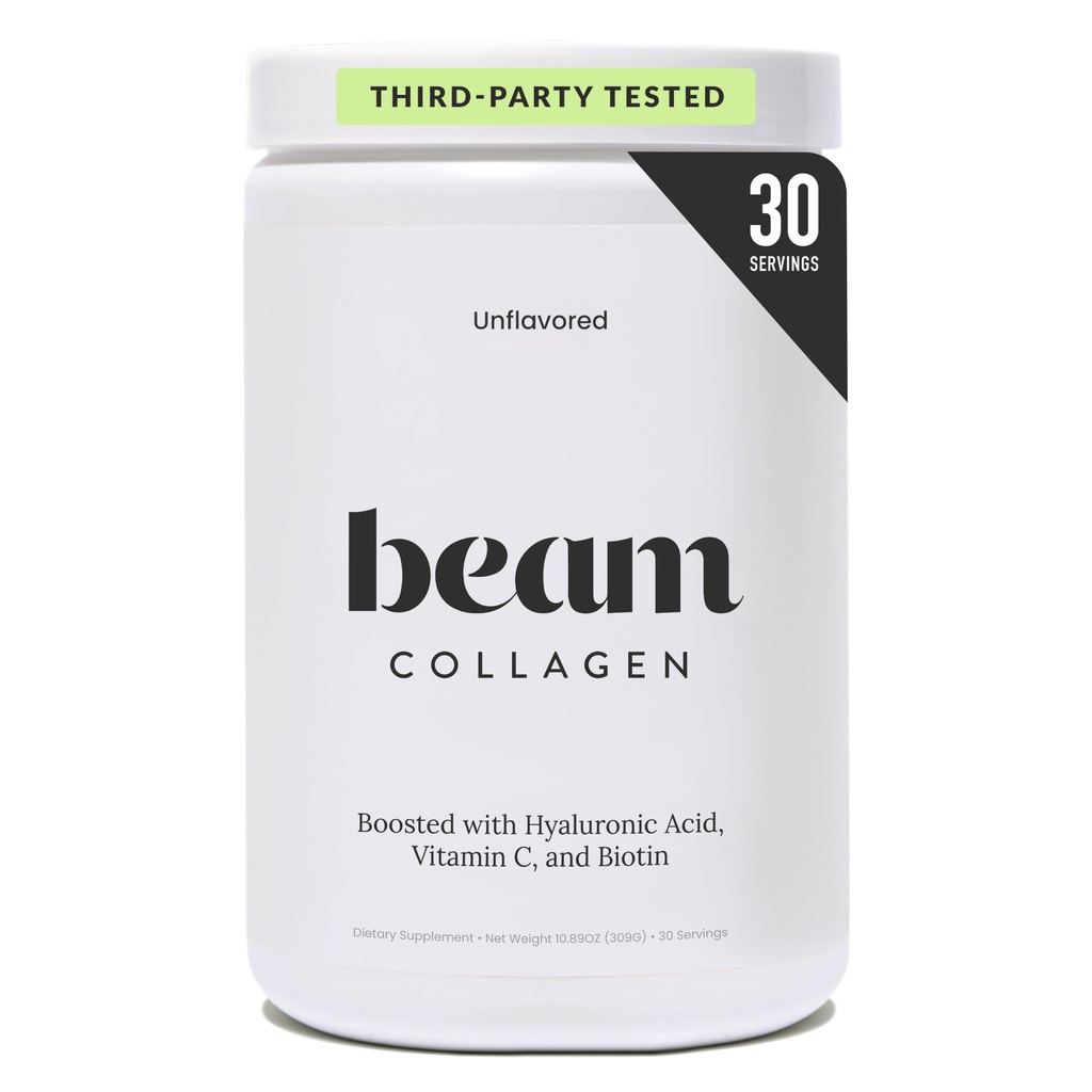 Beam Collagen Powder, Collagen for Women, Collagen with Hyaluronic Acid, Collagen Peptides Type 1 and 3, with Biotin, Grass Fed Bovine, Third-Party Tested, Best for Coffee, Vitamin C, 30 Services
