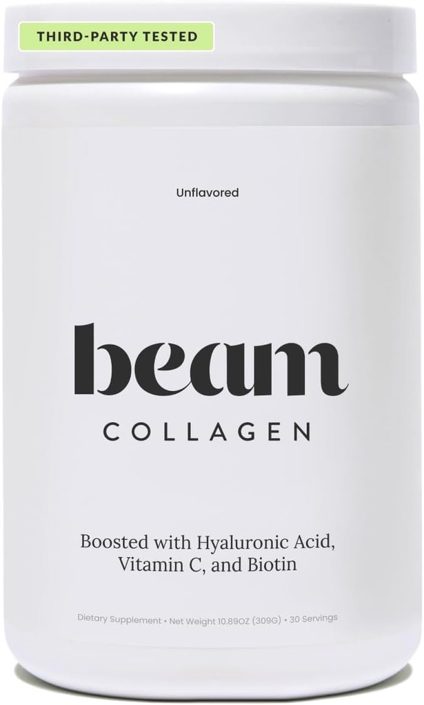 Beam Collagen Powder, Collagen for Women, Collagen with Hyaluronic Acid, Collagen Peptides Type 1 and 3, with Biotin, Grass Fed Bovine, Third-Party Tested, Best for Coffee, Vitamin C, 30 Services