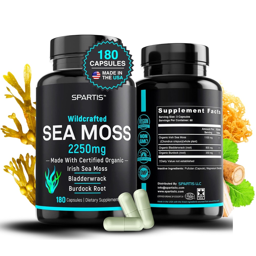 Certified Organic Sea Moss Capsules 2250mg Wildcrated Irish Sea Moss Burdock Root Bladderwrack Supplement Raw Seamoss Pills & Powder (Ζώνη 1 στα 180-Caps)