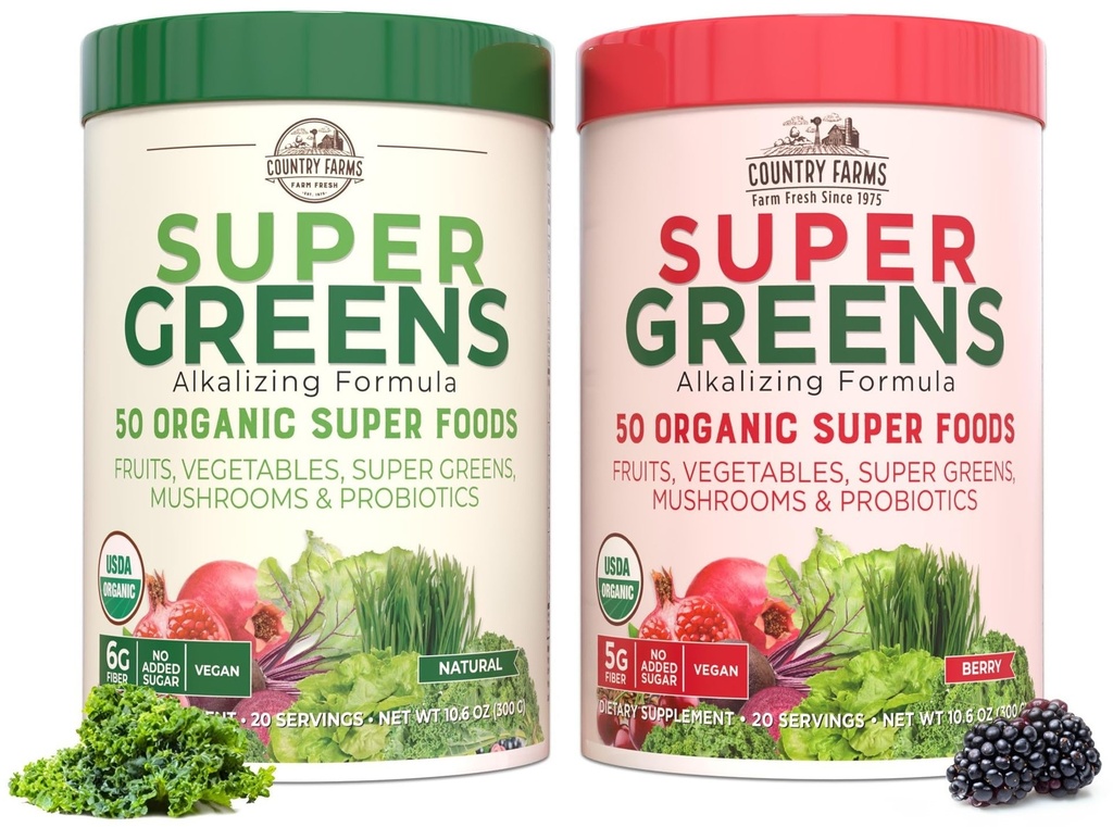 ΧΩΡΑ FARMS Super Greens Power Pack, 50 Βιολογικά Super Foods, Πράσινοι σε σκόνη με προβιοτικά για την υγεία των ορνίθων και την αναρρόφηση, υποστηρίζει την ενέργεια, χωρίς γεύση και μούρο, 40 Serving