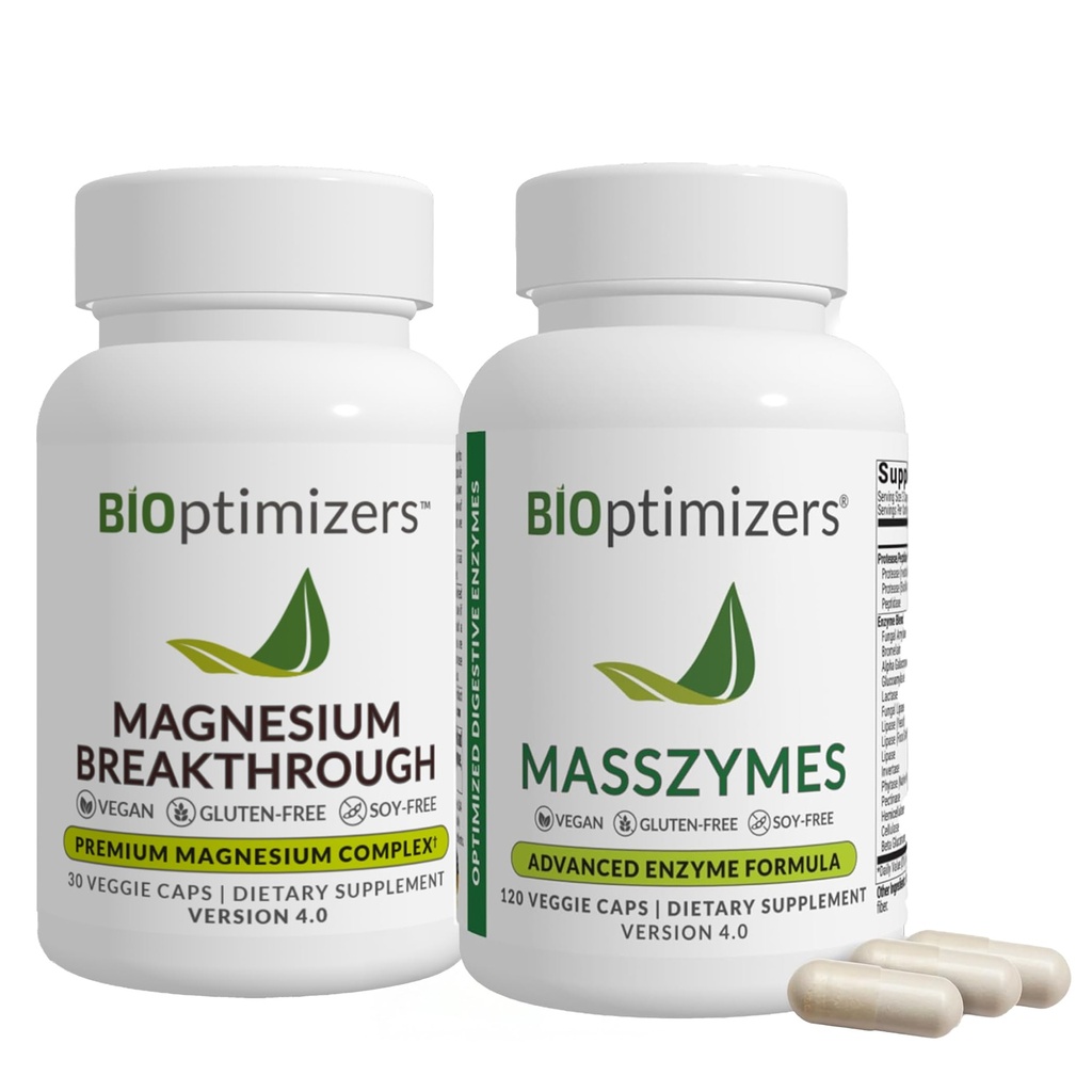BiOptimizers Magnesium Breakthrough 4.0, (30 κάψουλες) & MassZymes 4.0, (120 κάψουλες) - Φυσικός ύπνος, εγκέφαλος, και Digestive συμπλήρωμα υποστήριξης υγείας Bundle