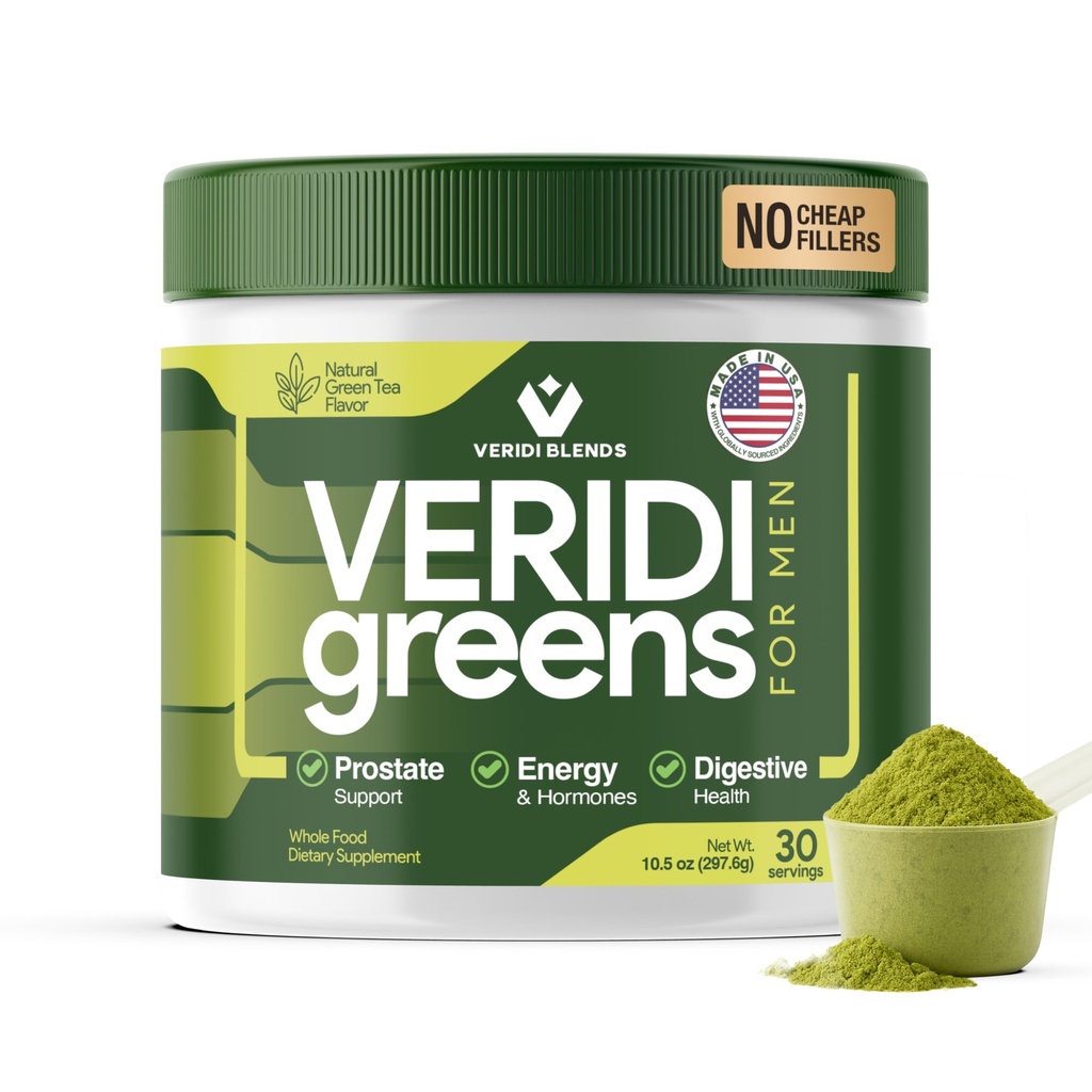 Veridi Greens for Men 40+ – Superfood Powder with Saw Palmetto 200mg & Spirulina – Daily Prostate Health, Urinary Flow & Energy Support – USA Made, Third-Party Tested – Green Tea Flavor, 30 Servings