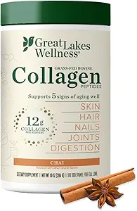 Μεγάλες Λίμνες Wellness Collagen Peptides Σκόνη για το δέρμα, τα μαλλιά, τα νύχια, τις αρθρώσεις & την πέψη - Chai Flavored - Quick Dissolve Hydrolyzed, Non-GMO, Kosher - 10 oz