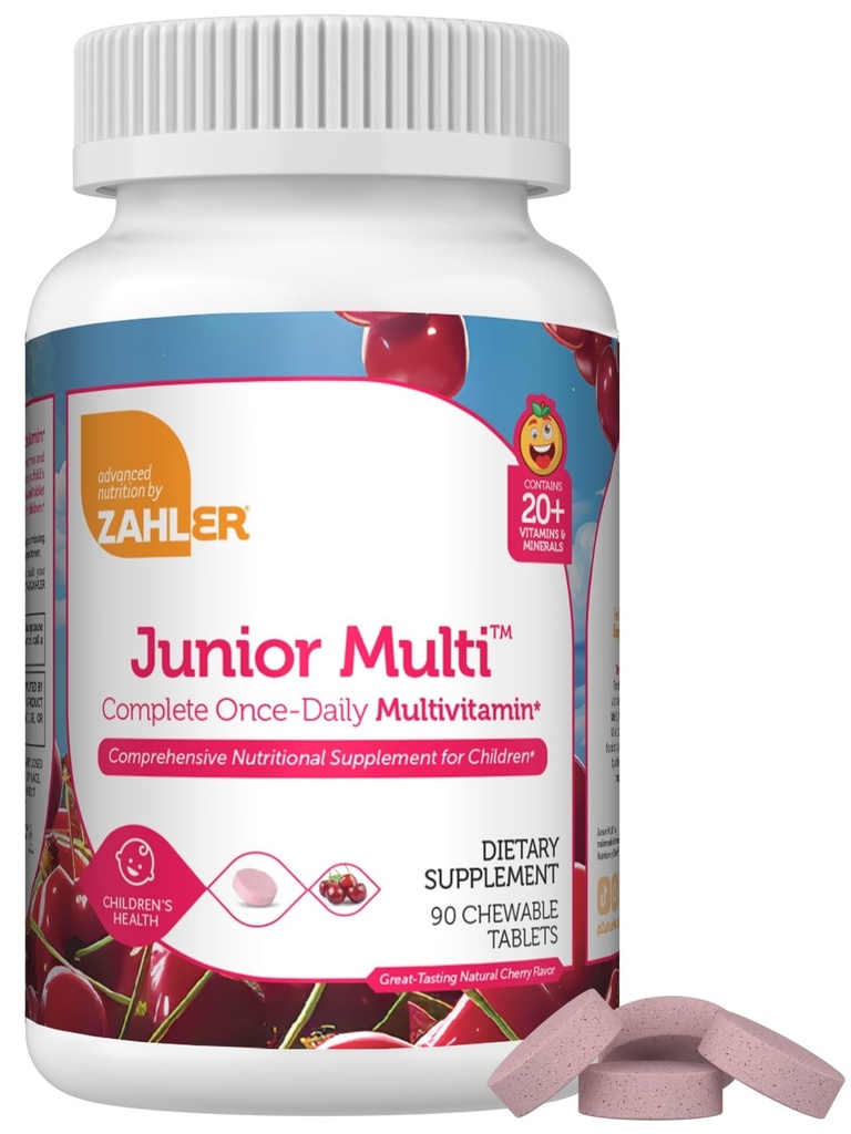 Zahler Junior Multi - Children's Complete Multivitamin for Busy Families - 23 Vitamins & Minerals to Support a Healthy Body - Kosher, Non-GMO & Gluten-Free - Cherry, 90 Chewable Tablets