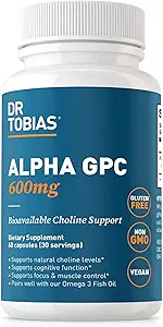 Dr. Tobias Alpha GPC 600mg ανά υπηρεσία - Βιοδιαθέσιμα συμπληρώματα χολίνης για τον εγκέφαλο, τη μνήμη και την εστίαση - Premium Nootropic Alpha GPC συμπλήρωμα χολίνης, Vegan, μη-GMO, 60 κάψουλες, 30 εξυπηρετούν