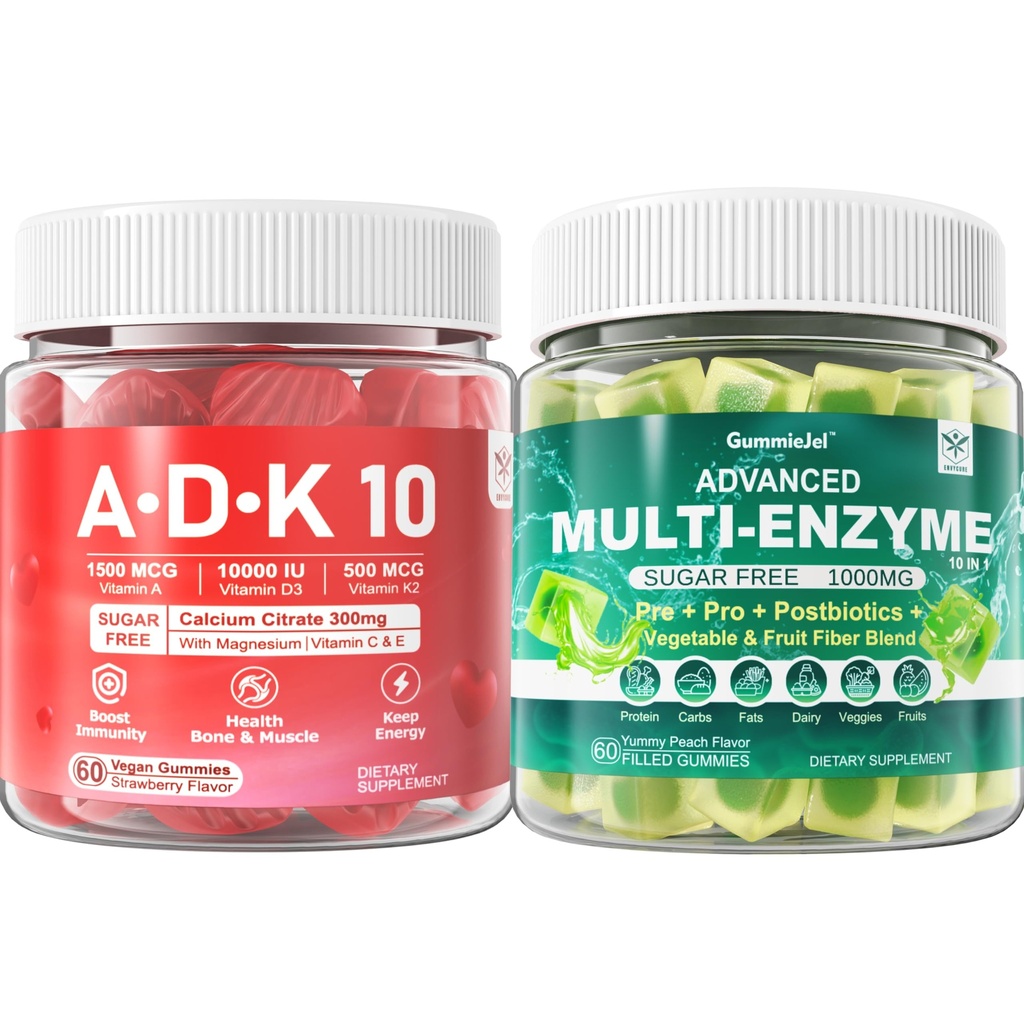 Digestive Enzymes Gummies 1000mg Chewable - Διαλύστε τα τρόφιμα γρήγορα, 90 Billion CFU, Probiotic, Postbiotic, Prebiotic & Fiber Blend & Vitamin ADK Gummies + συμπλήρωμα ασβεστίου μαγνήσιο ψευδάργυρου
