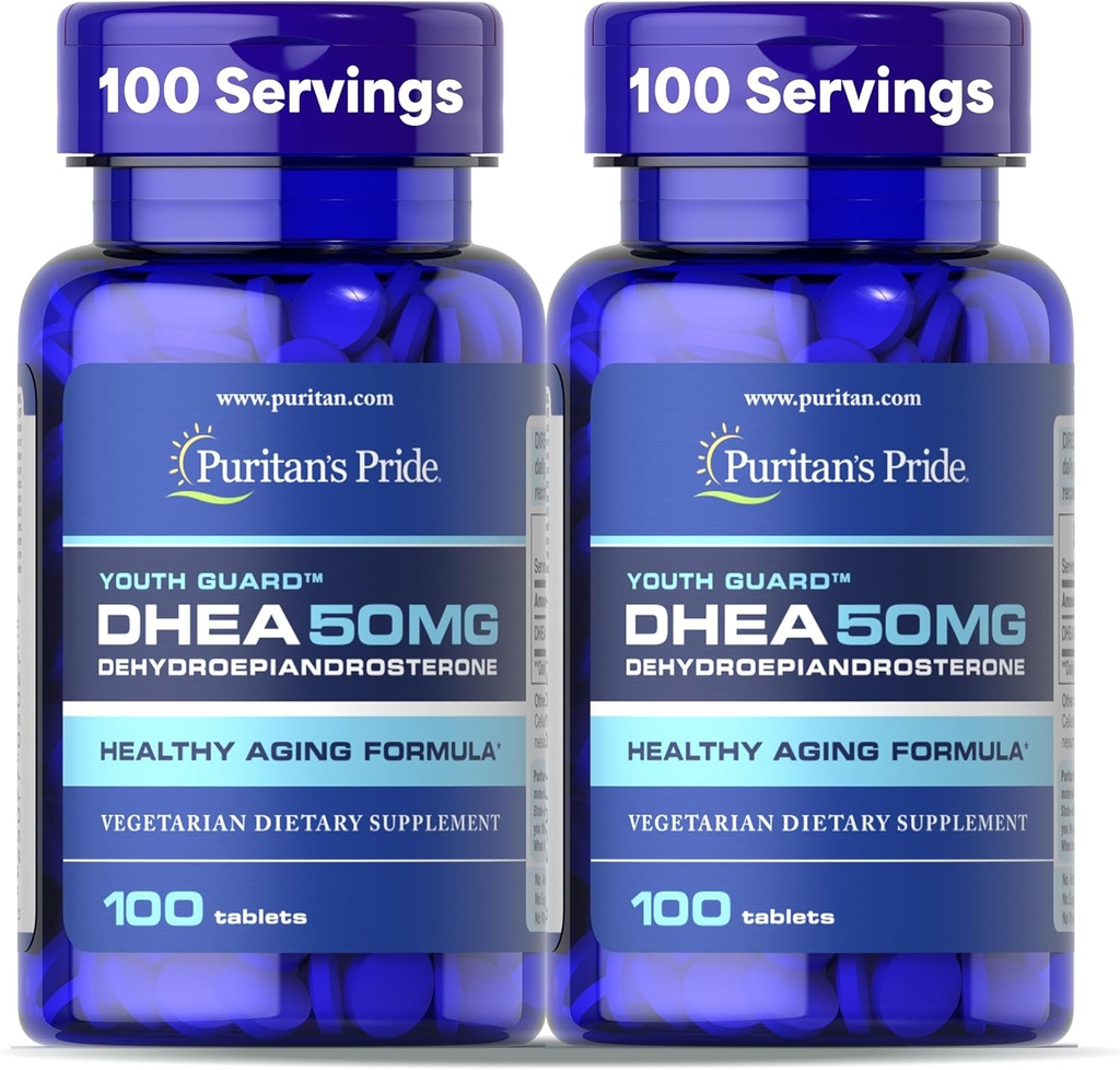 Puritan's Pride Youth Guard DHEA for Women and Men 50mg, Dietary Supplement for Healthy Aging, 3 Month Supply, 100 Tablets, 2 Pack