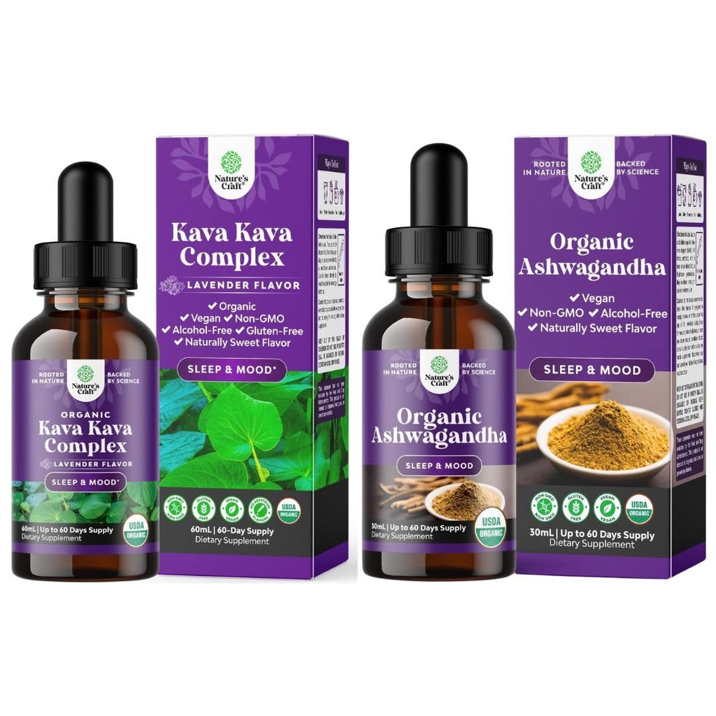 Bundle of Potent Liquid Kava Kava Drops Supplement with Kavalactones for Better Sleep and USDA Organic Ashwagandha Liquid Drops - Ashwagandha Root Extract for Stress and Mood Support for Adults