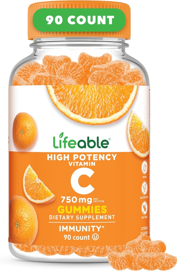 Lifeable Vitamin C Gummies for Adults | 750mg | Great Tasting Orange Flavor VIT C | Vegan Non GMO Vitamin C Chewable | for Immune Support | 90 Gummies