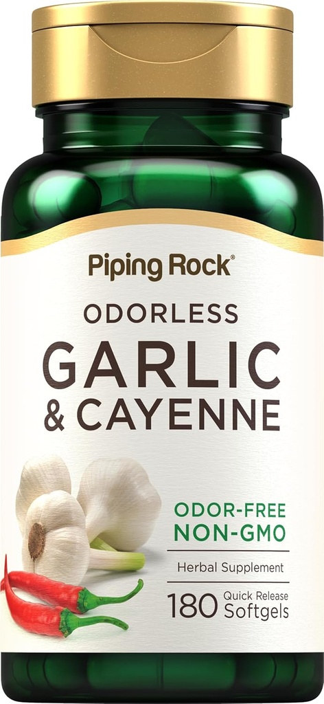 Piping Rock Odorless Garlic Softgels | 180 Softgels | Supplement with Cayenne Extract | Allium Sativum | Non-GMO, Gluten Free
