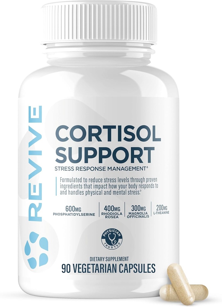 Revive MD Cortisol Manager, 90 Vegetarian Capsules - Cortisol Supplement with Magnesium & L-Theanine Support Health, Focus, Energy, Fatigue, & Adrenal Gland Function - Vegan & Gluten-Free