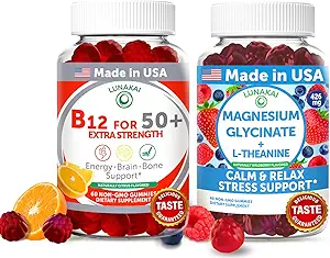 Lunakai USA Made Vitamin B12 for Adults 50+ & Magnesium Glycinate Gummies Bundle, Supports Energy, Mood, Relaxation & Stress Relief, Non-GMO, Vegan, 60ct Each