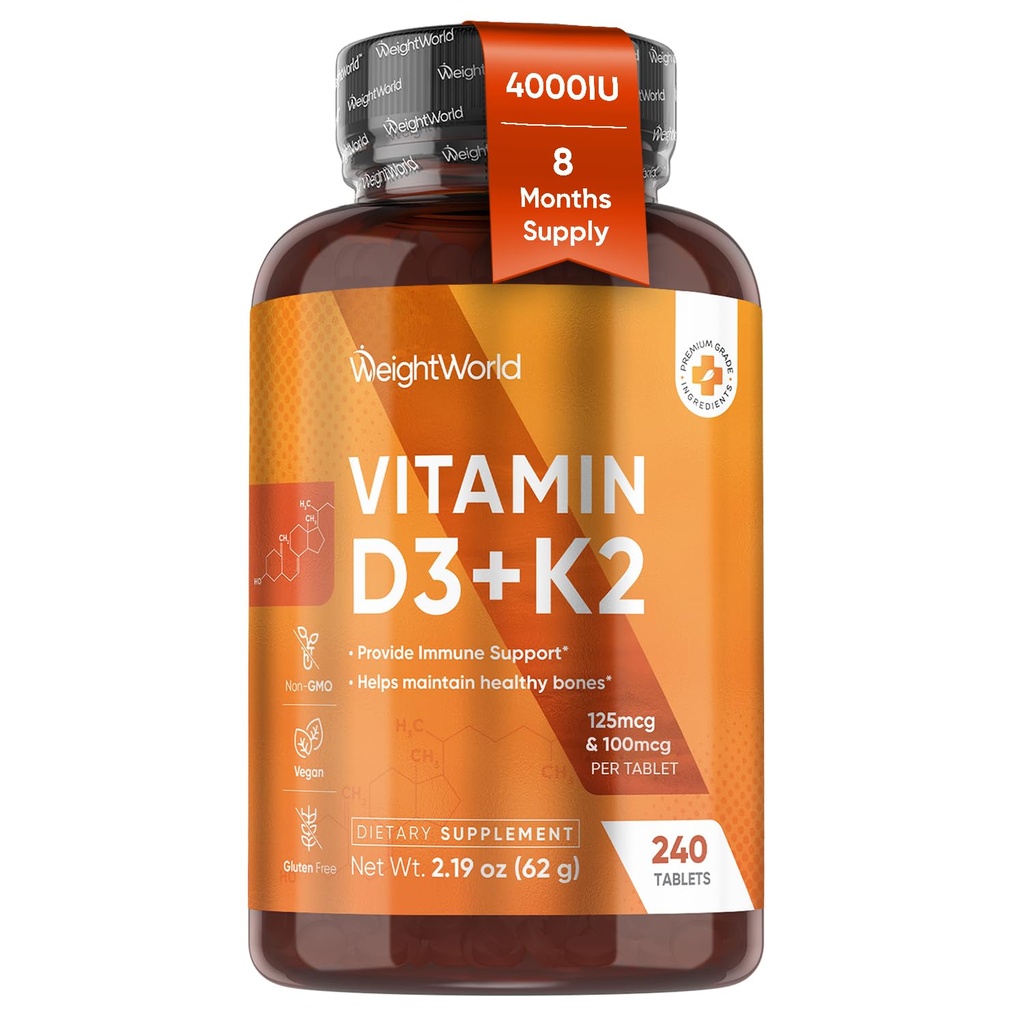 WeightWorld D3 Vitamin 4000 IU + K2 125mcg | Vitamin D3 K2 for Healthy Bones & Immune Support (8-Month Supply) | 240 Vegan D3K2 Tablets | Plant-Based VIT D3 & K2 (MK-7) | Gluten-Free, Non-GMO