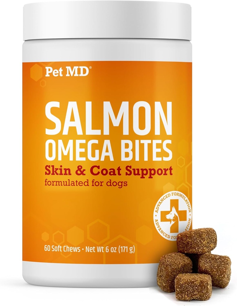 Pet MD Σολομός Ωμέγα Μπιτ για Σκύλους - Skin and Coat Supplement με Ωμέγα 3 & 6 για Σκύλους Plus DHA & EPA - Προάγει Αλλεργία & Ξηρό Δέρμα Ανακούφιση - 60ct
