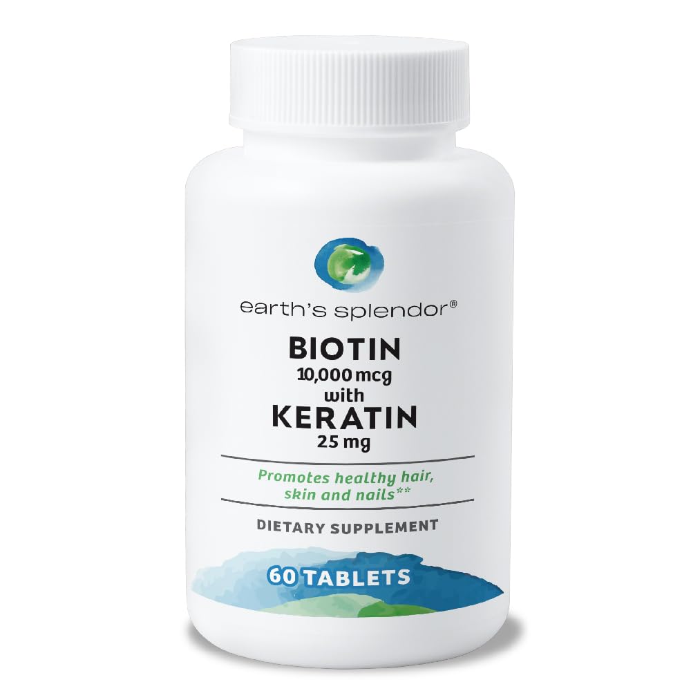 Earth's Splendor Biotin 10.000 mcg + Κερατίνη 25mg, προάγει υγιή μαλλιά, ισχυρά νύχια και την υποστήριξη του δέρματος, 60-ημέρα προσφοράς