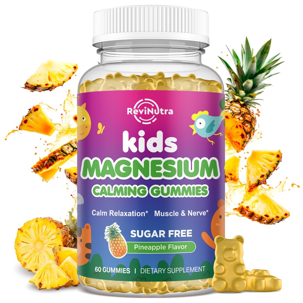 Kids Μαγνήσιο Gummies, Μαγνήσιο Γλυκινικό Gummies για παιδιά & ενήλικες με L-Θεανίνη, Χαμομήλι, Λικέρ, Βιταμίνη D, B6 για ύπνο, χαλάρωση, εγκέφαλος & μύες, ζάχαρη χωρίς ανανά 60ct