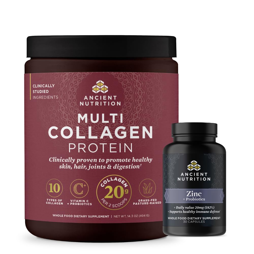 Ancient Nutrition Zinc Capsules, 30 Count + Multi Collagen Protein Powder, Unflavored, 40 Servings