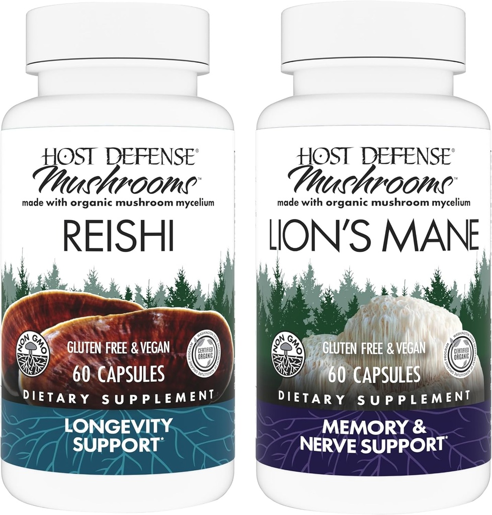 Host Defense Bundle with Reishi Capses, 60 Count & Lion's Mane Capses, 60 Count - Support Heart & Immune Health - Support Brain Health, Memory & Focus*