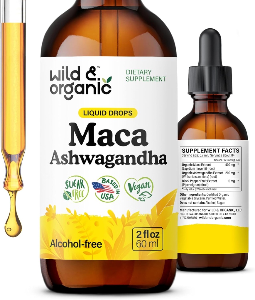 Wild & Organic Maca Ashwagandha σταγόνες για τους άνδρες και τις γυναίκες - Περουβιανή ρίζα Maca και Ashwagandha βάμμα για τη συνολική υποστήριξη - Vegan, ζάχαρη & αλκοόλ-ελεύθερο συμπλήρωμα εκχύλισμα - 2 fl oz