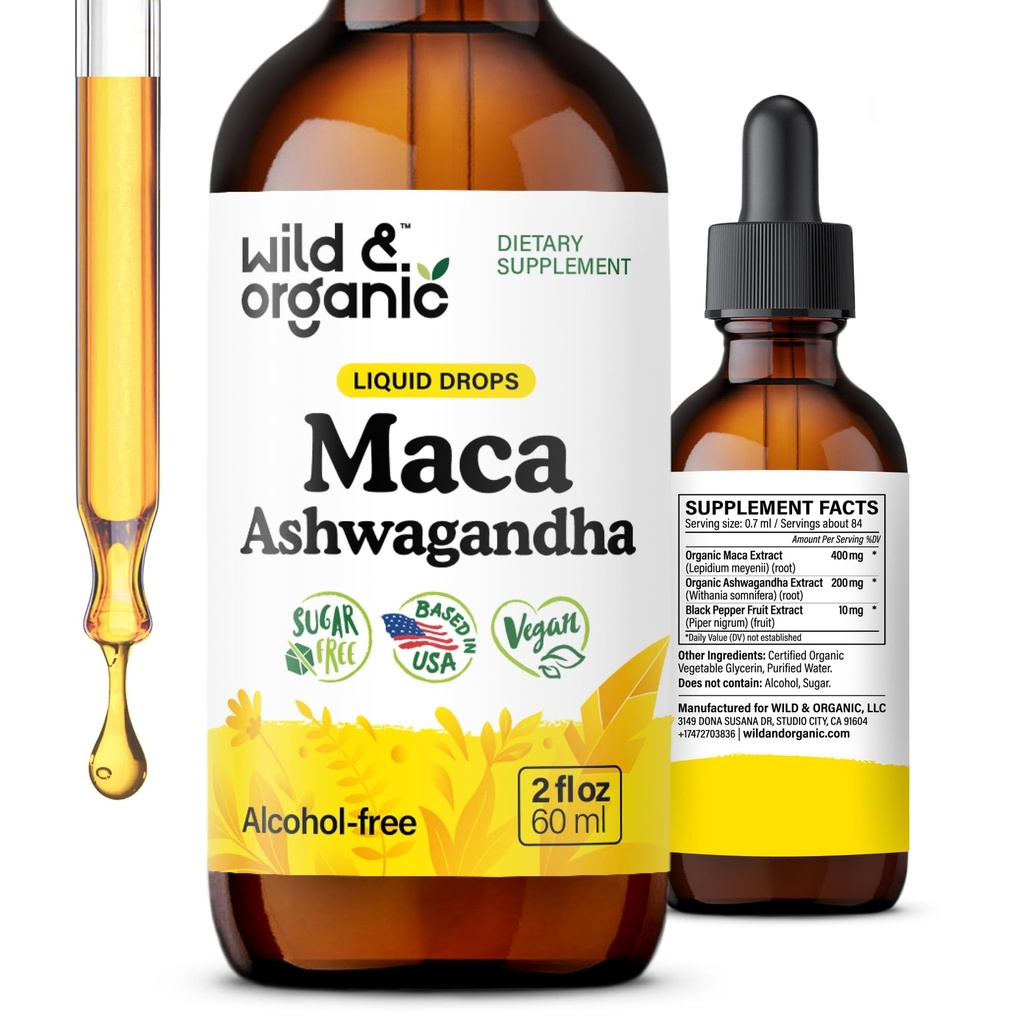 Wild & Organic Maca Ashwagandha σταγόνες για τους άνδρες και τις γυναίκες - Περουβιανή ρίζα Maca και Ashwagandha βάμμα για τη συνολική υποστήριξη - Vegan, ζάχαρη & αλκοόλ-ελεύθερο συμπλήρωμα εκχύλισμα - 2 fl oz