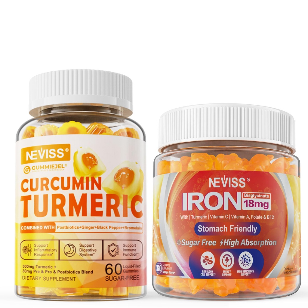 Sugar Free Turmeric Curcumin Filled Gummies 550mg for Adults,Vegan Iron Gummies Supplement with Vitamin C