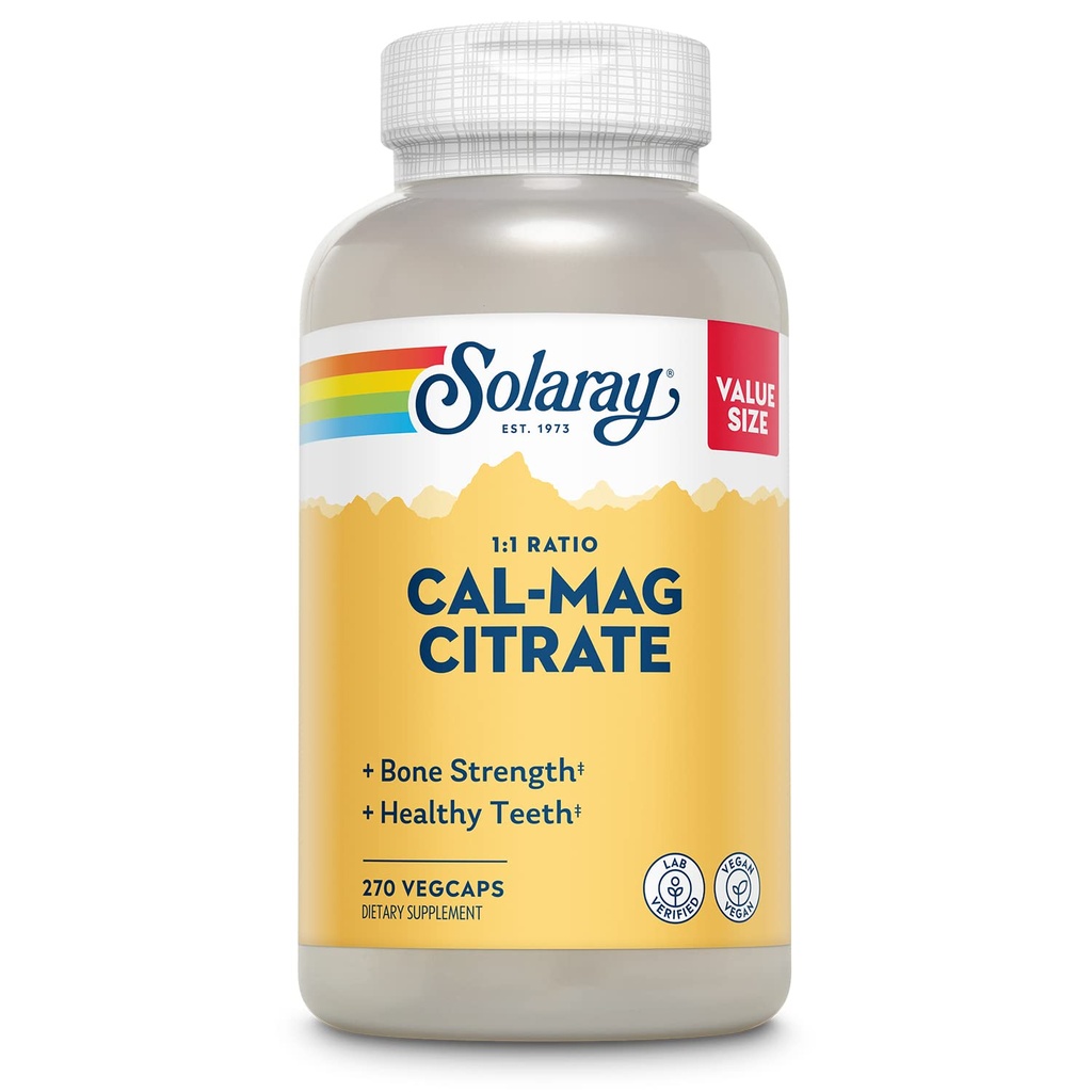 Solaray Μαγνήσιο ασβεστίου Κιτρικό 1000mg 1:1 αναλογία, συμπλήρωμα αντοχής οστών, μυών, νεύρων και των οστών υποστήριξη υγείας, Chelated για υψηλή απορρόφηση, 60-ημέρα εγγύηση, 45 εξυπηρετούν, 270 VegCaps