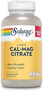 Solaray Calcium Magnesium Citrate 1000mg 1:1 Ratio, Bone Strength Supplement, Muscle, Nerve and Bone Health Support, Chelated for High Absorption, 60-Day Guarantee, 45 Servings, 270 VegCaps