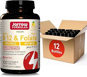 Jarrow Formulas Methyl B-12 1000MCG & Folate Methyl 400MCG,Extra Strength,Cellular Energy Μεταβολισμός & Καρδιαγγειακή Φόρμουλα Υγείας(1) Με P-5-P,100 Chewable Tabs, Μέχρι 100 Day Suppl,12Packs
