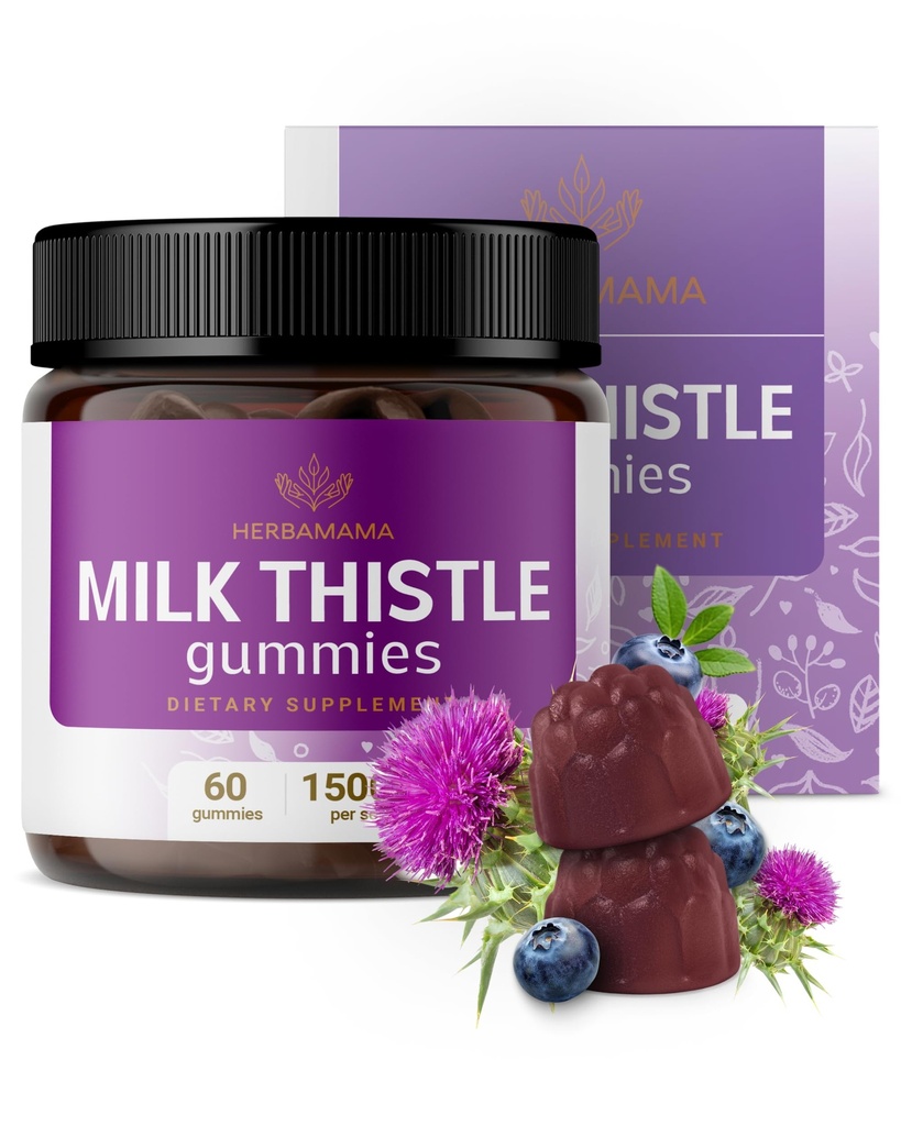 HERBAMAMA Milk Thistle Supplement – 1500mg Milk Thistle Gummies for Liver Detox* & Anitoxidant Support – Liver Support Supplement – Vegan Liver Health* Gummies - 60 Count (30 Servings)