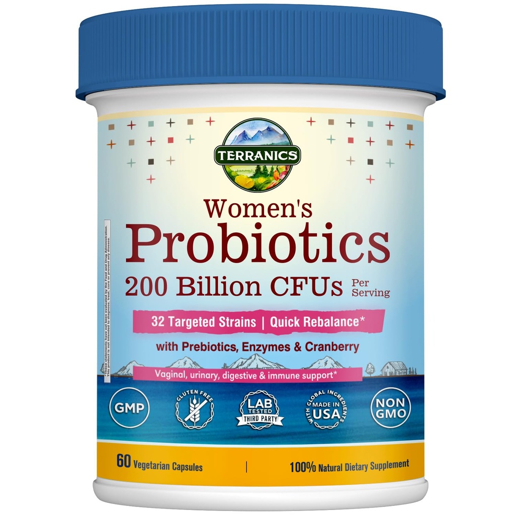 Terranics Daily Probiotics for Women, 200 Billion 32 Strains Women Probiotics, with Cranberry, Prebiotics & Enzymes, Rebalance Κολπική Χλωρίδα & pH, Καθυστερημένη απελευθέρωση, Ράφι σταθερό, 60 Vegan Caps