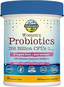 Terranics Daily Probiotics for Women, 200 Billion 32 Strains Women Probiotics, with Cranberry, Prebiotics & Enzymes, Rebalance Κολπική Χλωρίδα & pH, Καθυστερημένη απελευθέρωση, Ράφι σταθερό, 60 Vegan Caps