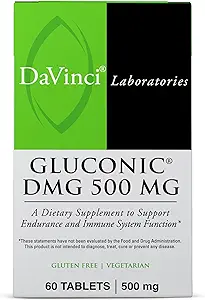 DAVINCI Labs Gluconic DMG 500 mg - Συμπλήρωμα διατροφής για την υποστήριξη της αντοχής και της λειτουργίας του ανοσοποιητικού συστήματος * - με 500 mg N, N- διμεθυλογλυκίνη ανά δισκίο - χορτοφαγικά - Χωρίς γλουτένη - 60 Μασώμενα δισκία