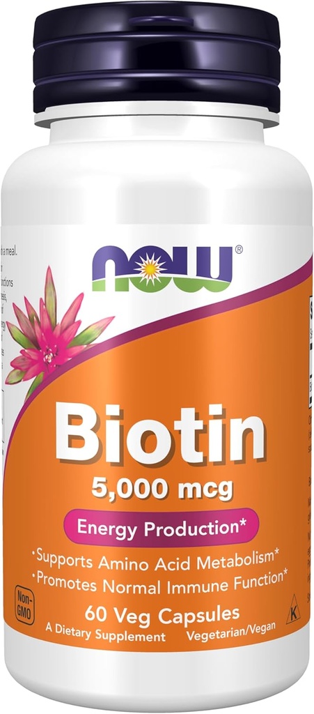 Τώρα Συμπληρώματα Τροφίμων, Biotin 5.000 mcg, Amino Acid Μεταβολισμός *, Παραγωγή Ενέργειας *, 60 κάψουλες Veg