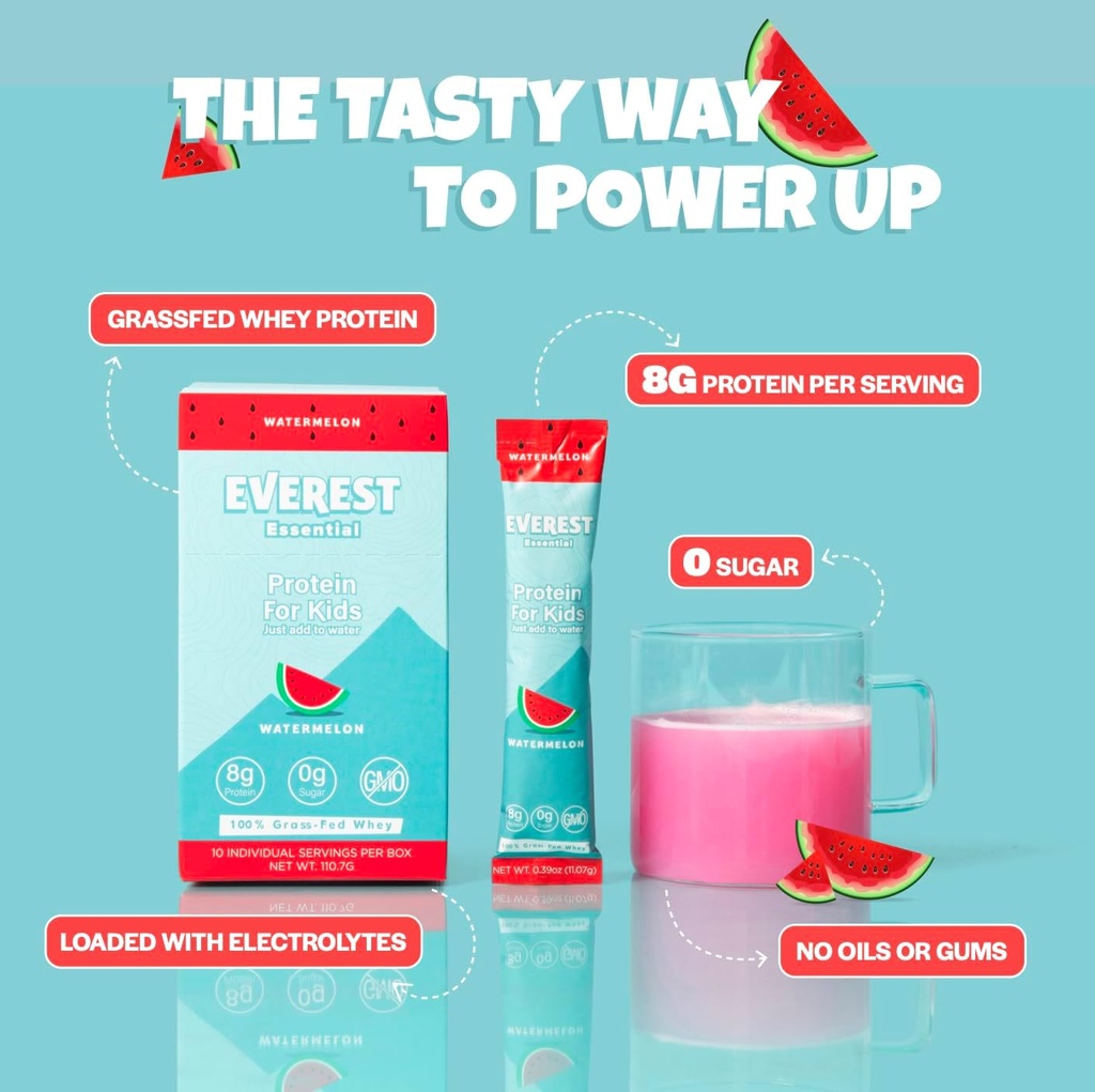 Everest Essential, Kid's Clear Whey Protein Powder (Watermelon, 10 πακέτα) Protein Drink Mix for Kids, Electrolytes for Kids, 8g Protein Per Serving, Non GMO, Zero Added Sugar