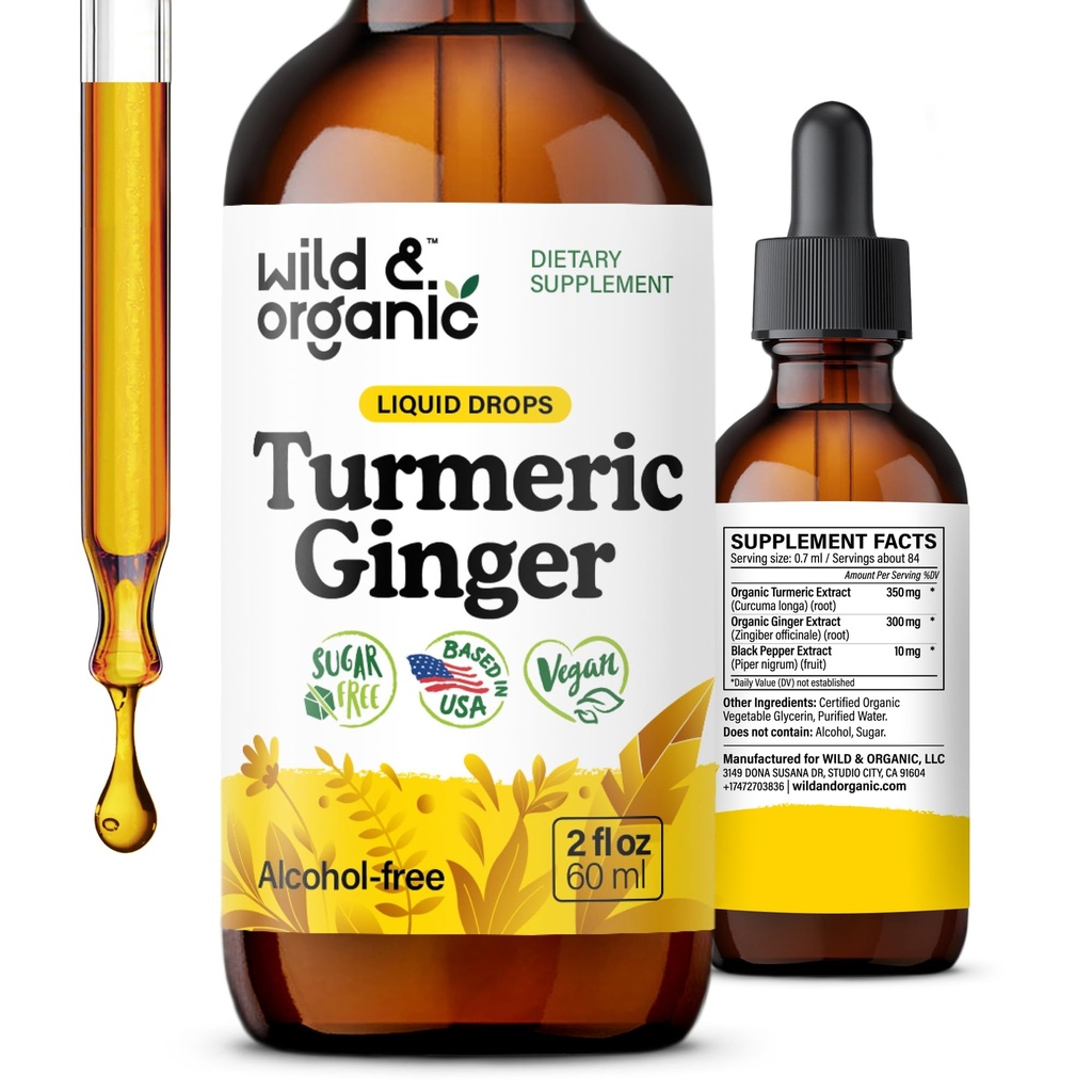 Wild & Organic Turmeric and Ginger Supplement - Movement & Immune Support - Liquid Turmeric Curcumin Supplement with Ginger & Black Pepper Extract - Add to Tea Drops - Alcohol-Free Tincture - 2 oz