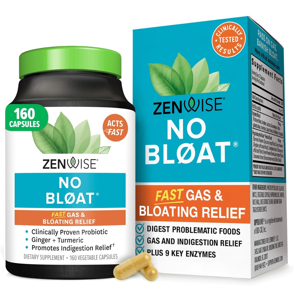 Zenwise Health No Bloat Digestive Enzymes for Gut Health, Gas & Bloating Relief - Multi Enzymes Digestion Supplement with Probiotics, Ginger, Turmeric Dandelion & Lactase - Άνδρες & Γυναίκες - 160 Count