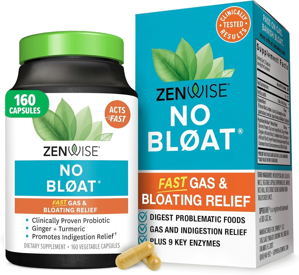 Zenwise Health No Bloat Digestive Enzymes for Gut Health, Gas & Bloating Relief - Multi Enzymes Digestion Supplement with Probiotics, Ginger, Turmeric Dandelion & Lactase - Άνδρες & Γυναίκες - 160 Count
