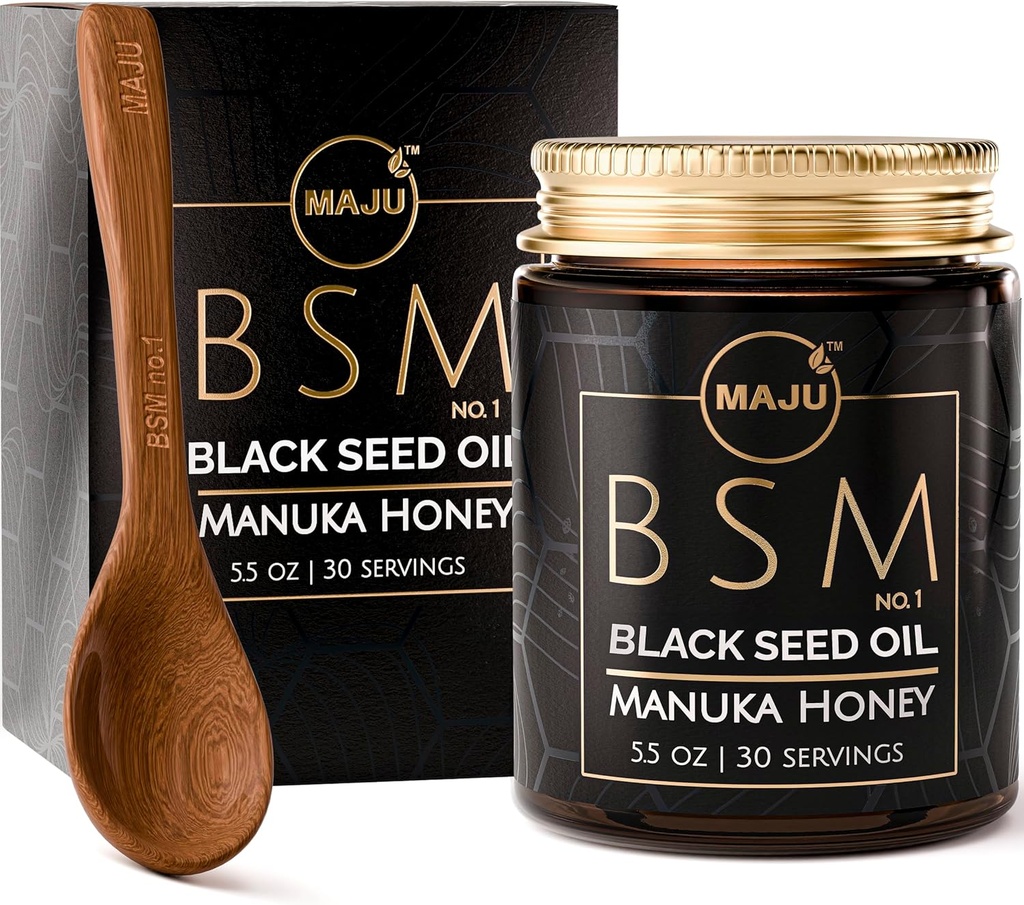 MAJU's 3-in-1 Black Seed Oil, Manuka Honey & Seeds (Παραδοσιακό στυλ) BSM no. 1, Sweet & Crunchy Herbal Blend, Nigella Sativa Oil and Seeds, Unpasteurized & Raw Monofloral Manuka Honey Νέα Ζηλανδία