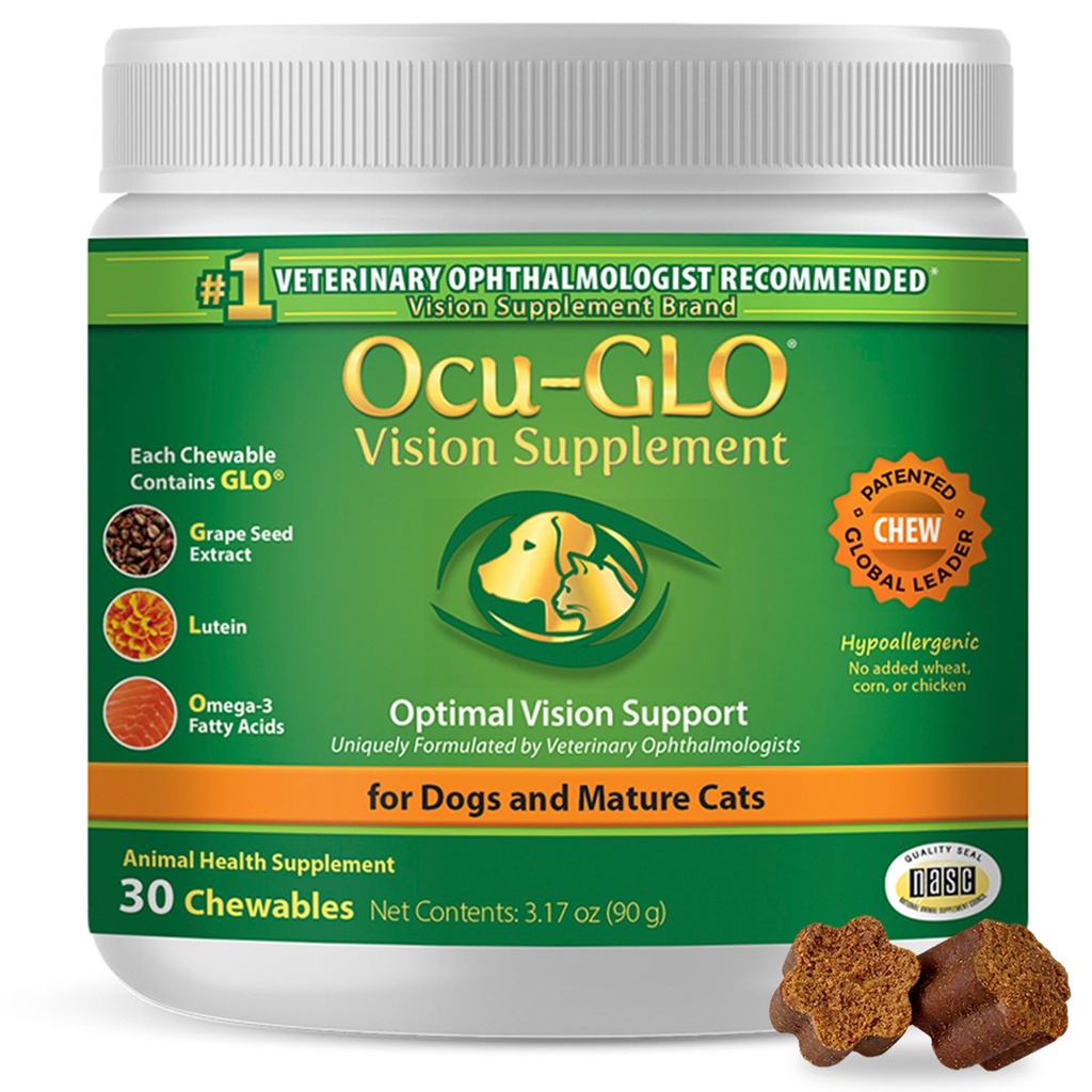 Ocu-GLO Cat & Dog Senior Supplement for Eye Support - Chewable Vision Vitamins Supplements for Large and Small Pets Care with Lutein, Omega-3 Λιπαρά Οξέα, εκχύλισμα σπόρων σταφυλιών & Αντιοξειδωτικά